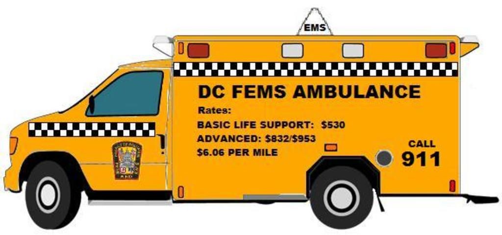 In this image, we can see a poster. Here we can see yellow color ambulance with some text and...
