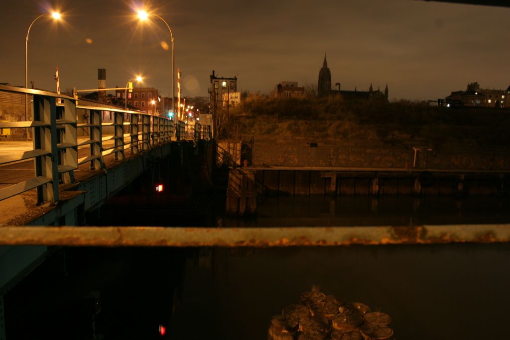 In the picture there is a bridge across the river and on the bridge there are many street lights,...