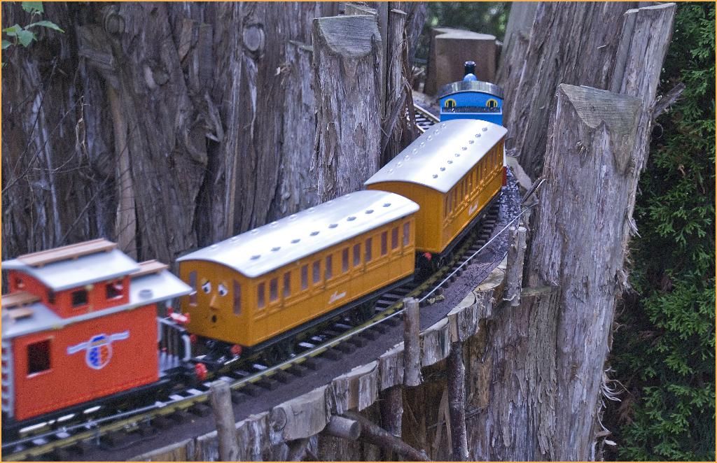 In this image we can see kids train which is moving on track in between the tree trunk and on right...