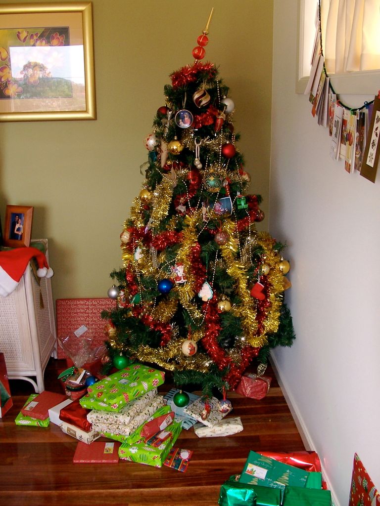 In this image I can see on the right side there is a Christmas tree decorated. At the bottom there...