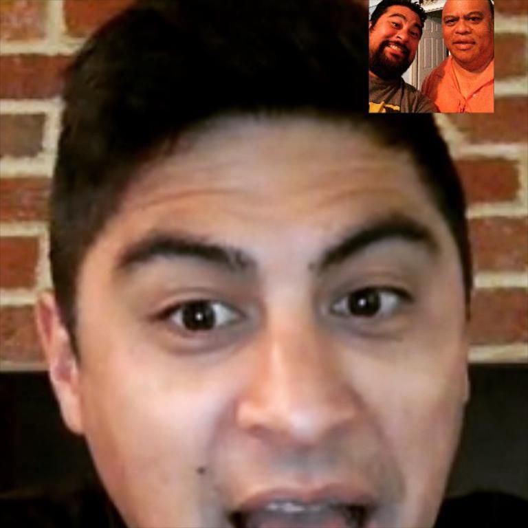 It is a screenshot of a video call, there is a person calling two other persons and their picture...