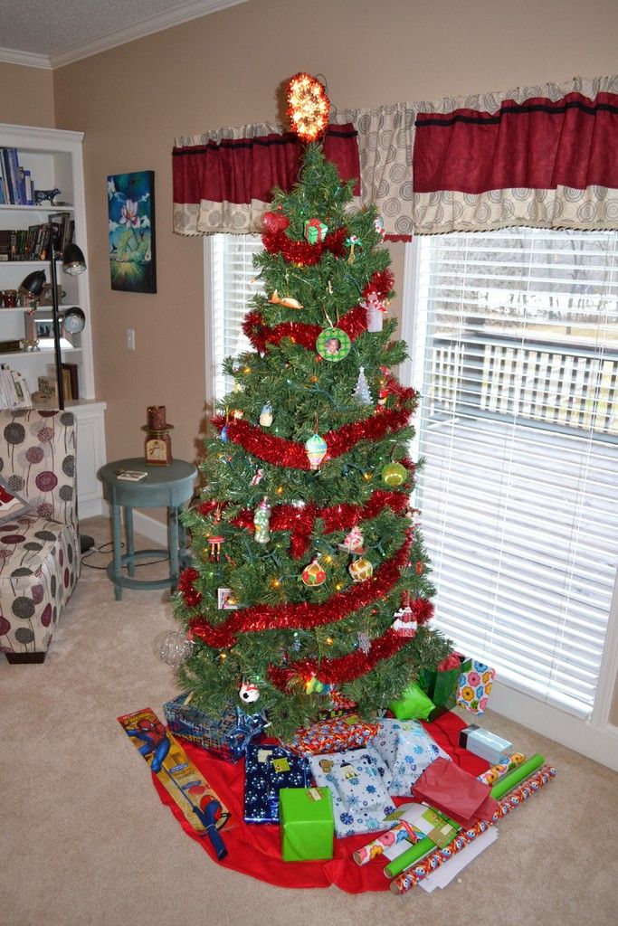 A Christmas tree. This are windows with curtains. This is a rack with books. This is a light with...