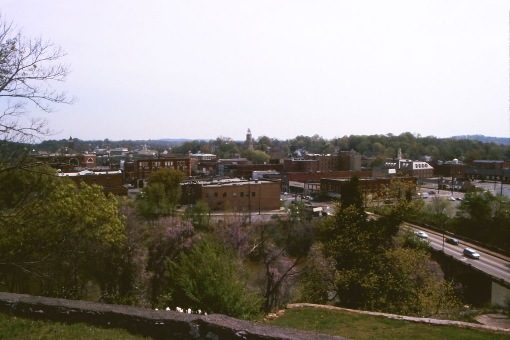This is a picture of a city, where there are buildings, trees, poles, roads, vehicles , sky.
