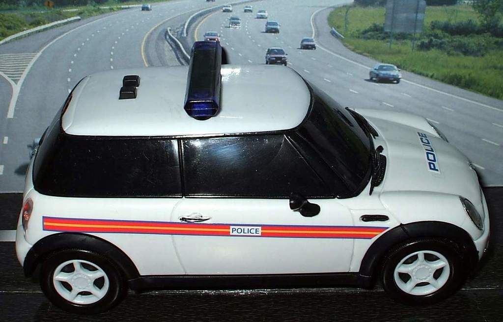 In front of the picture, we see a white car on which "Police" is written. Behind that, there are...