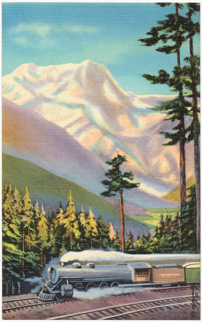 In this image I can see depiction of railway tracks, train, trees, mountains and the sky.