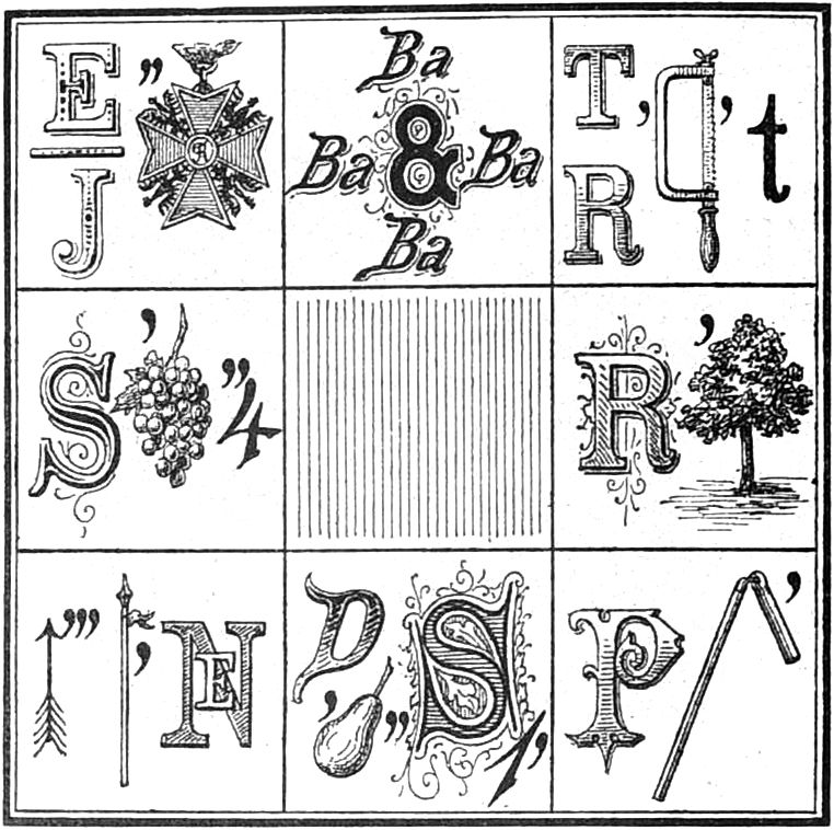 The image shows a black and white drawing of a bingo card with the letters A, B, C, D, E, F, G, H,...