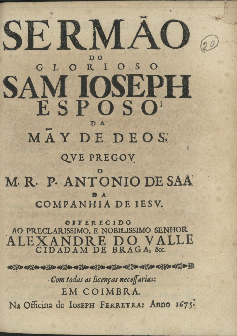 The image shows an old book with the title "Sermao do Glorioso Sam Joseph Esposo" written on the...