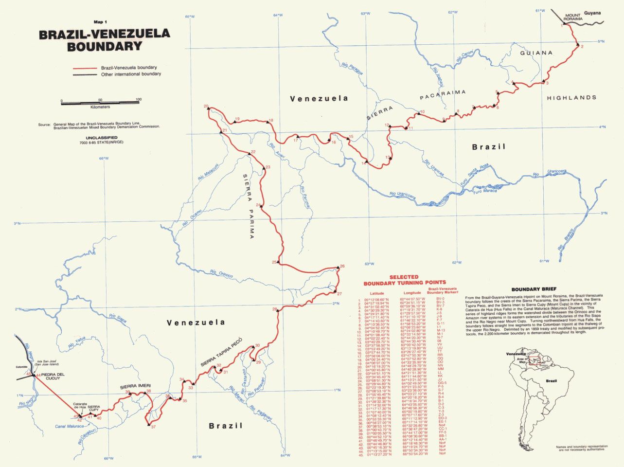 The image shows a poster with a map of the Brazilian-Venezuela Boundary, with text and numbers...