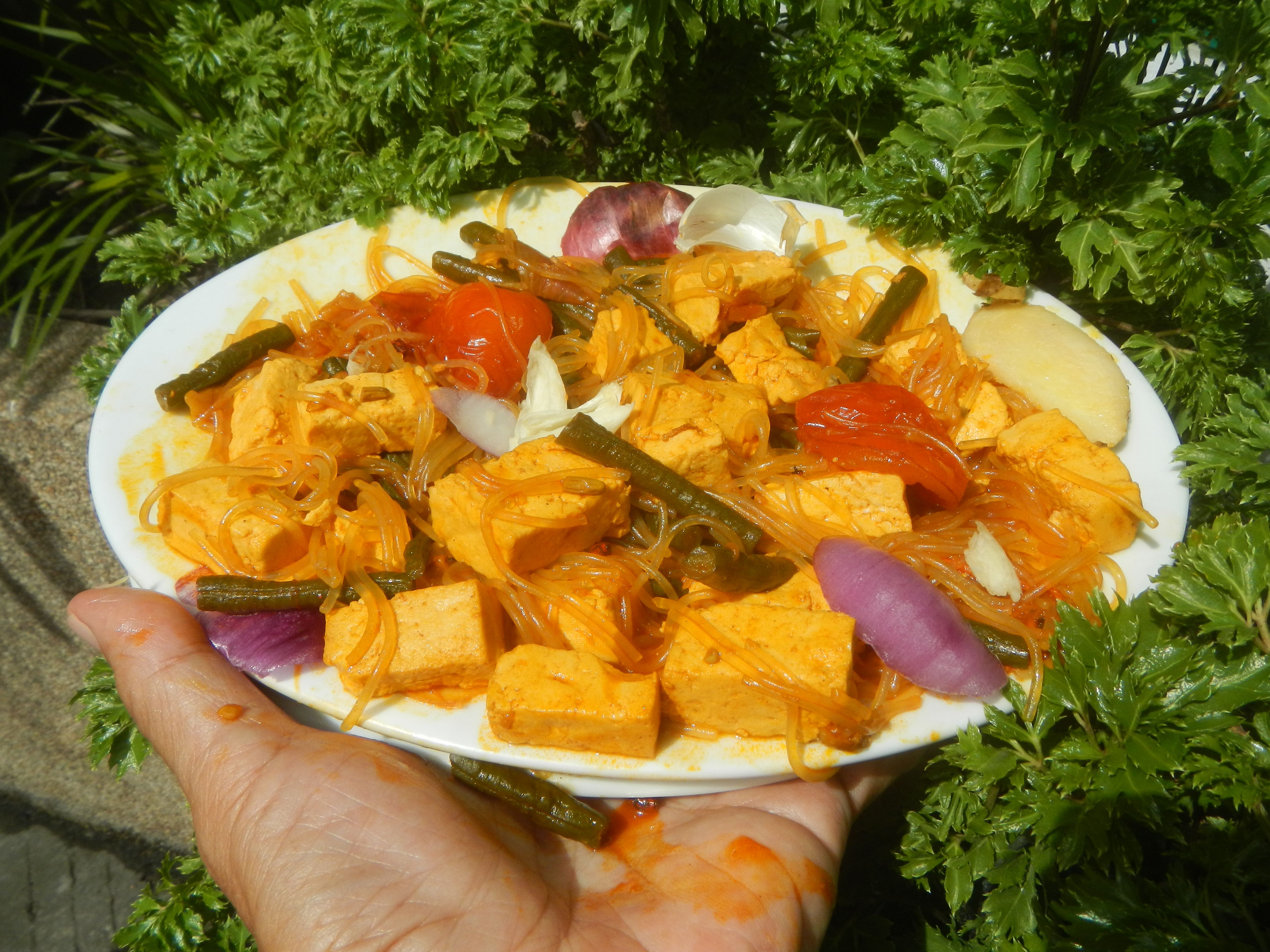 The image shows a person holding a plate of food in their hand, which appears to be a vegetarian...