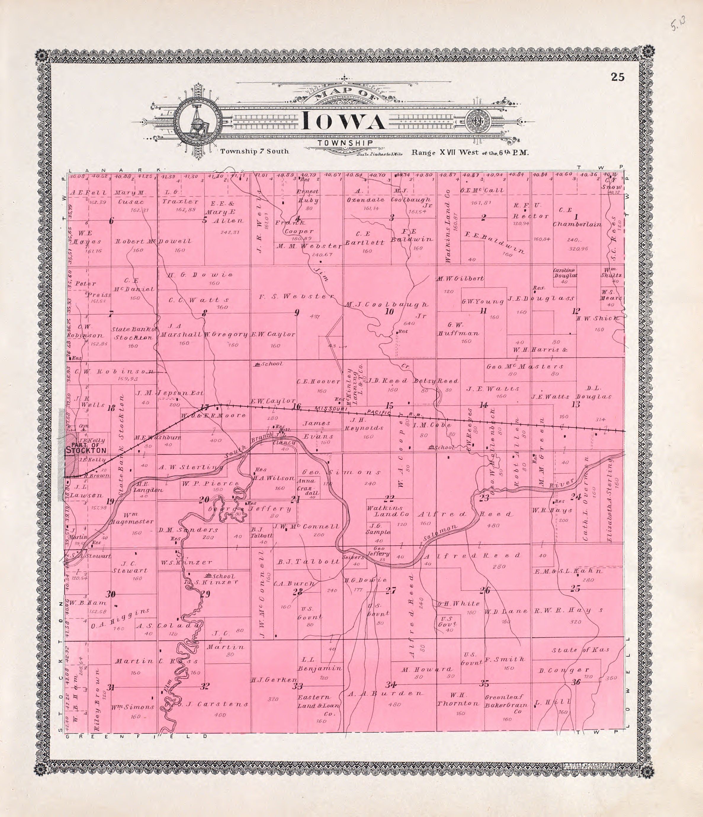 The image shows an old map of the state of Iowa, with a pink background and text at the top and...