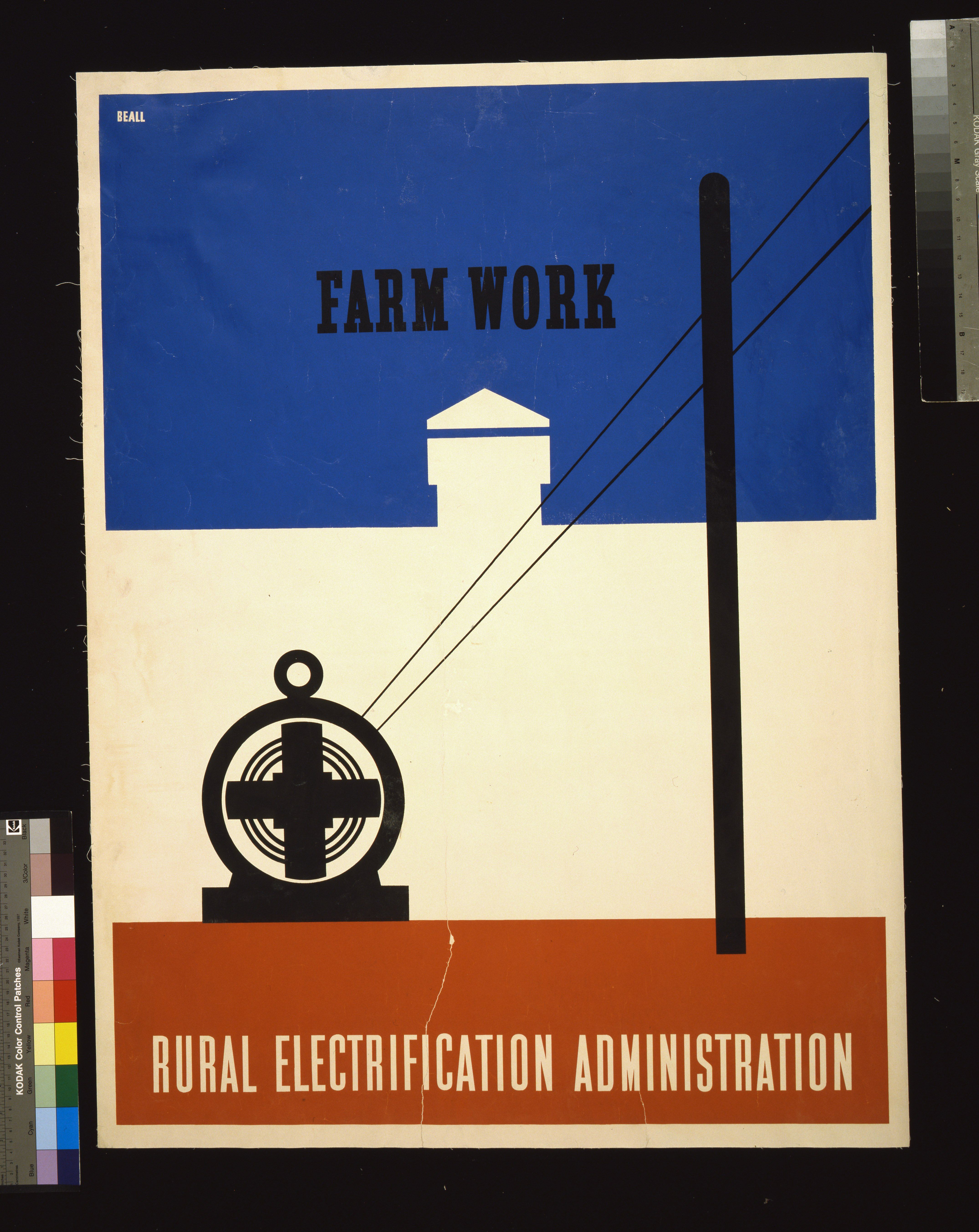 The image shows a poster with the words "Farm Work Rural Electricity Administration" written in...