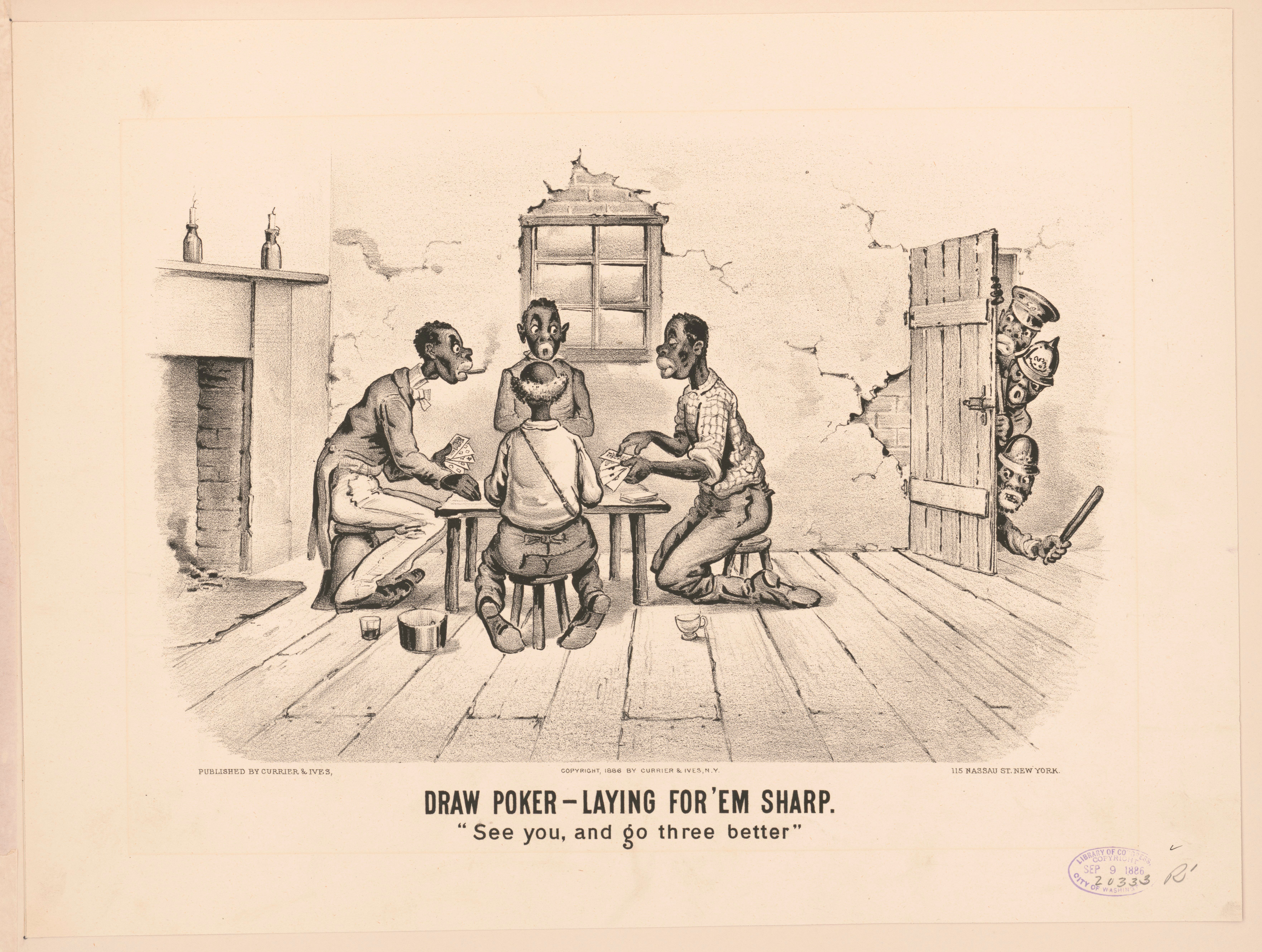 The image shows a group of people sitting around a table playing poker, with a wall, window, door,...