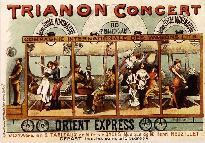 The image shows a poster advertising a trianon concert at the Orient Express. It features a group...