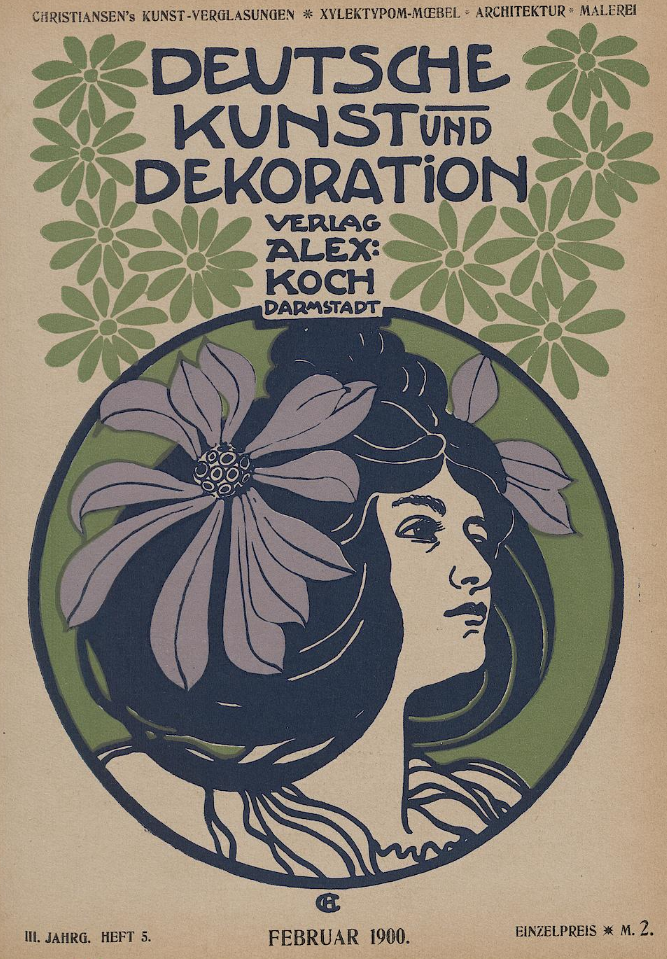 The image shows a poster advertising the German Kunst und Dekoration in 1900, featuring a woman...
