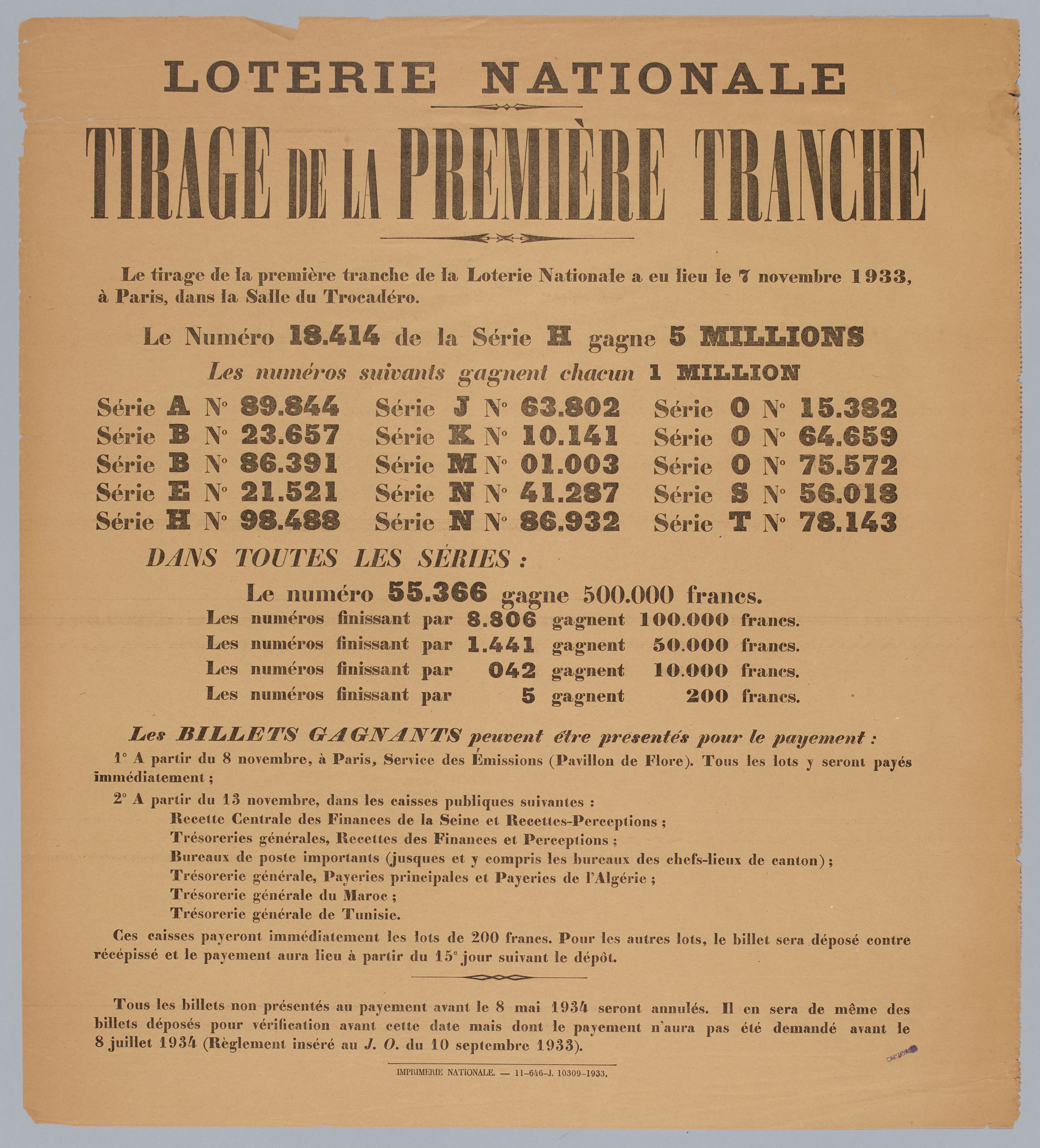 The image shows a paper with the text "Loterie Nationale Tirage de la Première Tranche" written on...