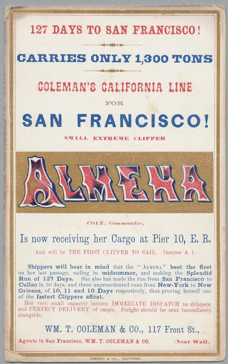 The image shows an old advertisement for Coleman's California Line for San Francisco, California,...