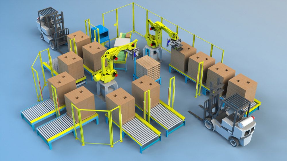 The image shows a group of robots working on a conveyor belt in a warehouse, with cardboard boxes...