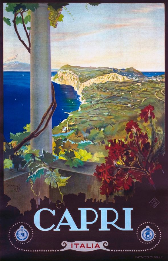 The image shows a poster advertising a wine tasting in Capri, Italy. It features a tree with lush...