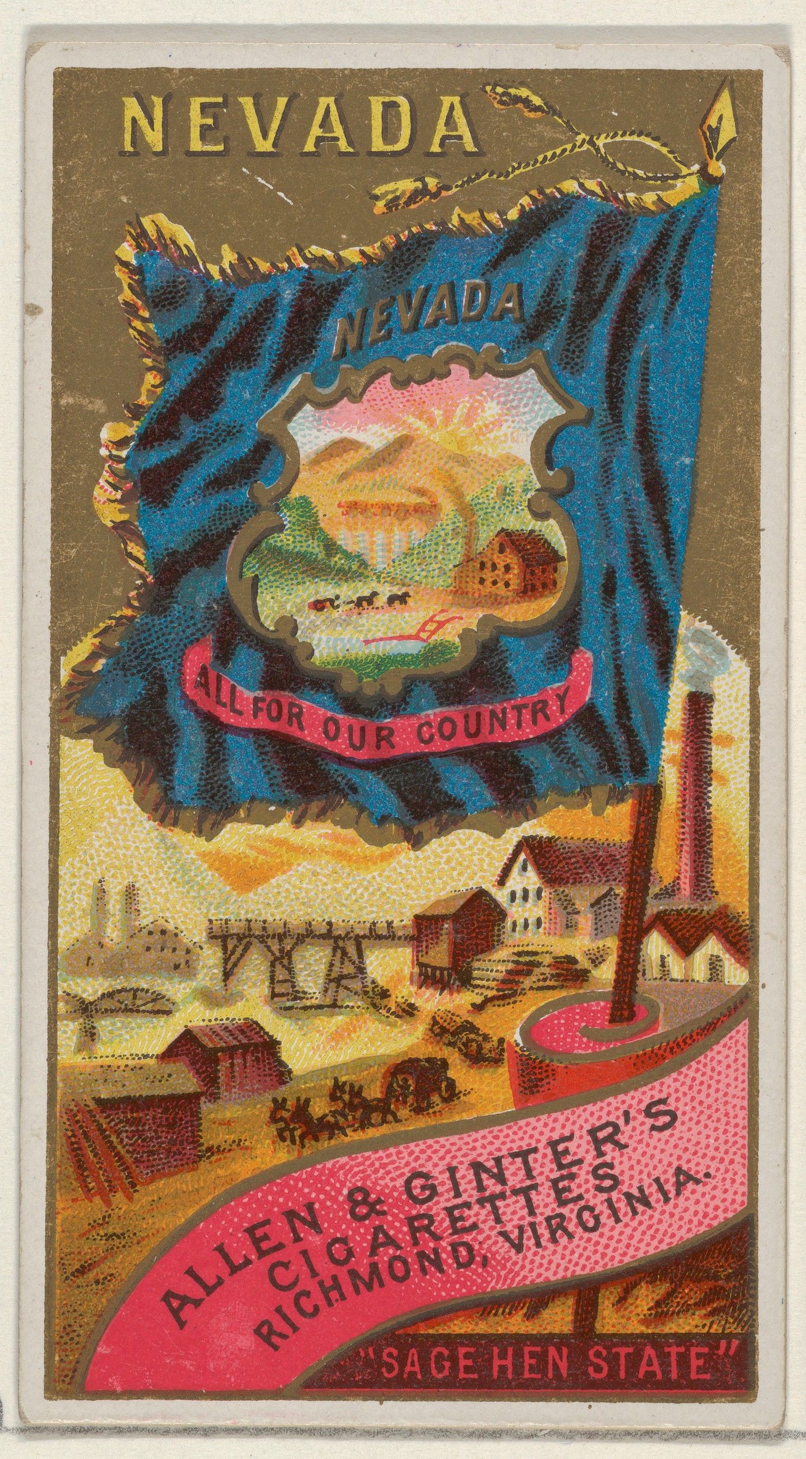 The image shows a poster with a Nevada flag in the center, surrounded by text, houses, and other...