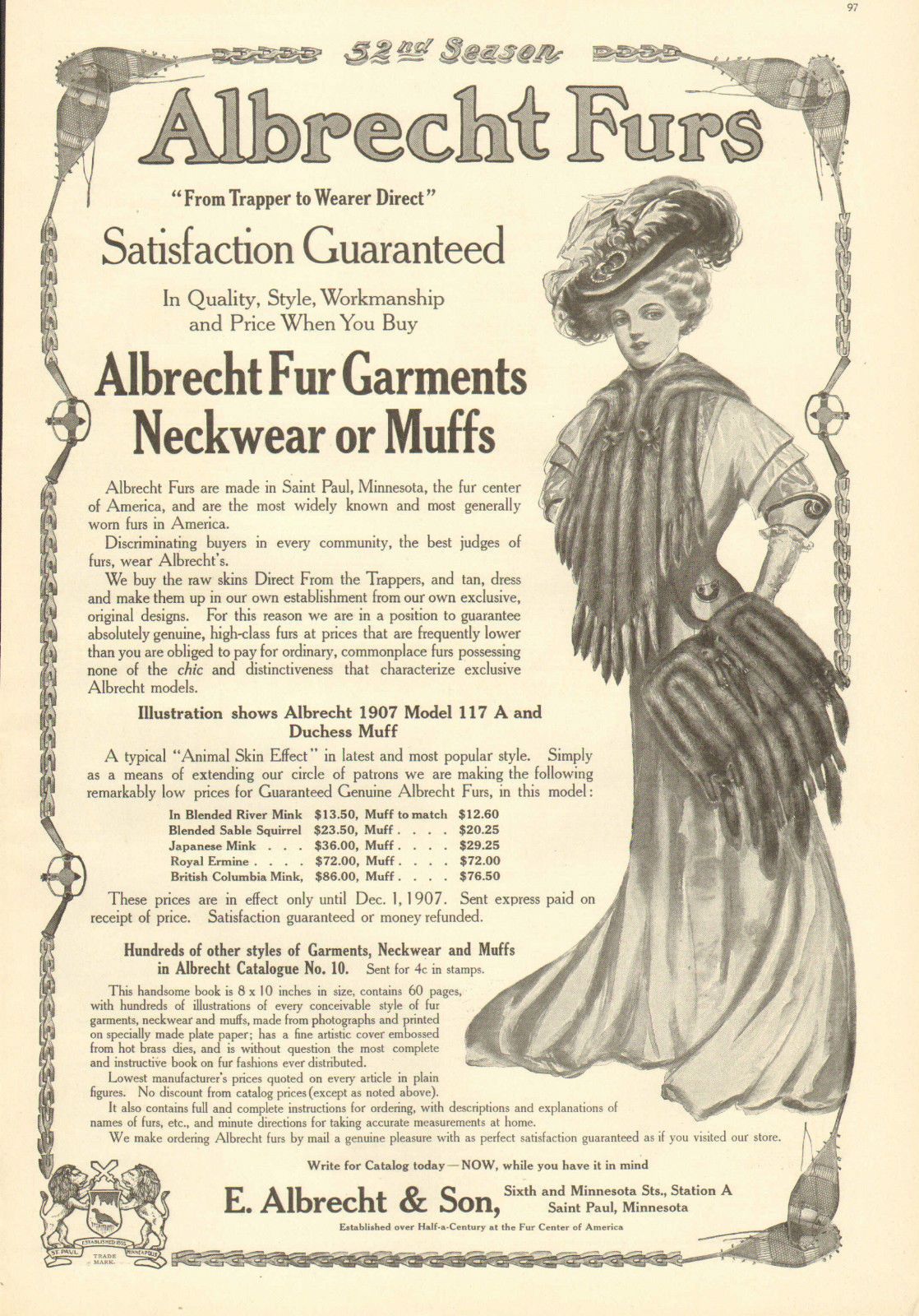 The image shows an advertisement for Albrecht Furs from 1907, featuring a woman wearing a dress and...