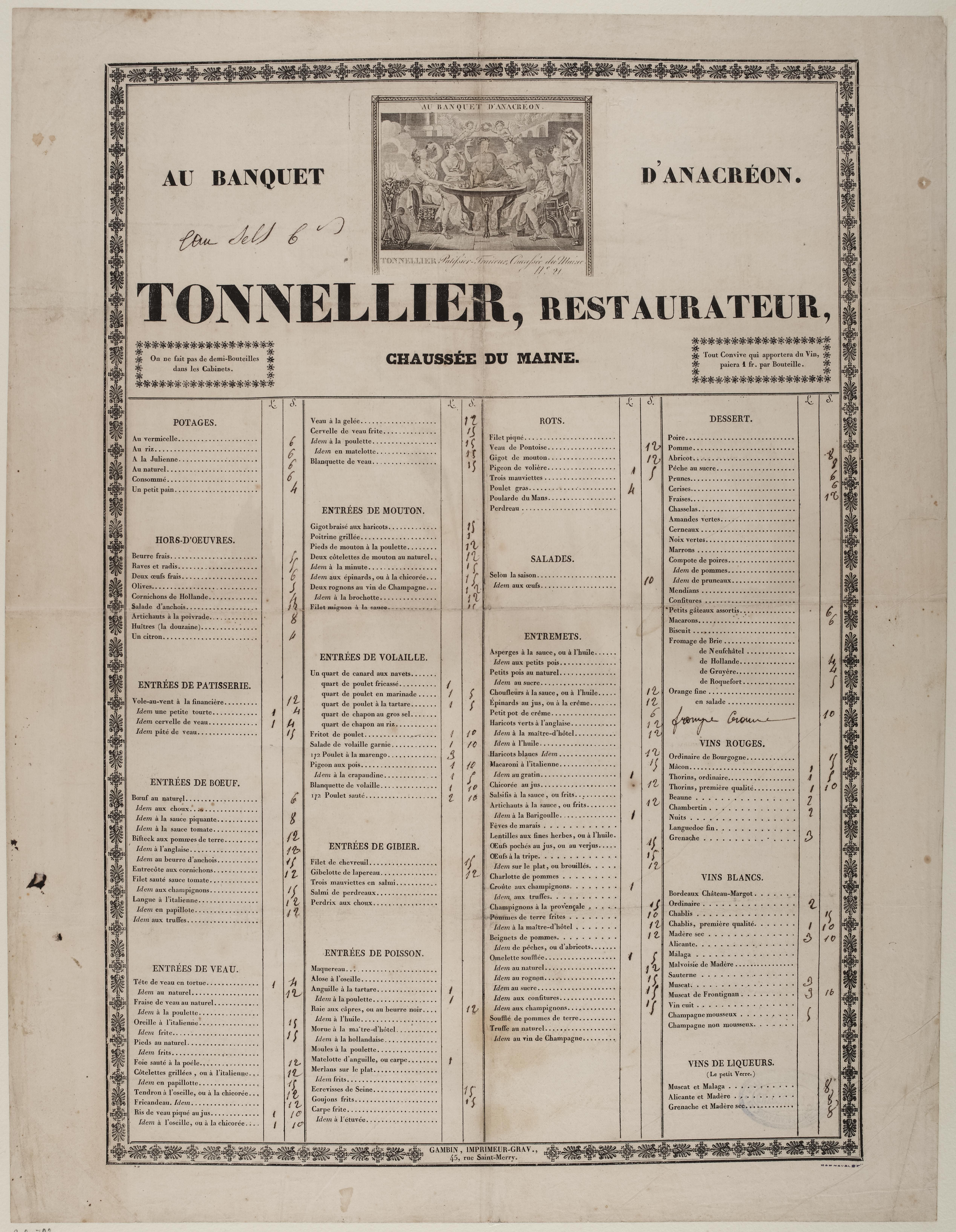 The image shows an old book with a menu for a restaurant on it. The paper has text and a picture on...