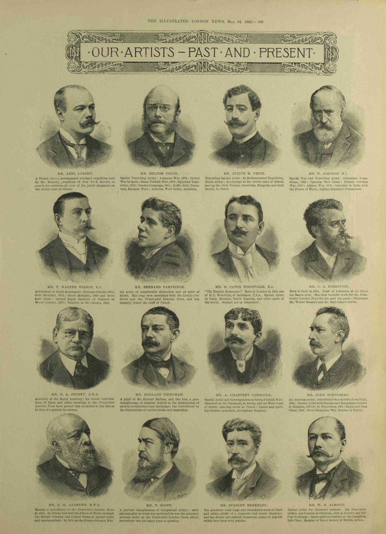 The image shows an old book with a variety of men's faces, each with a unique expression and...