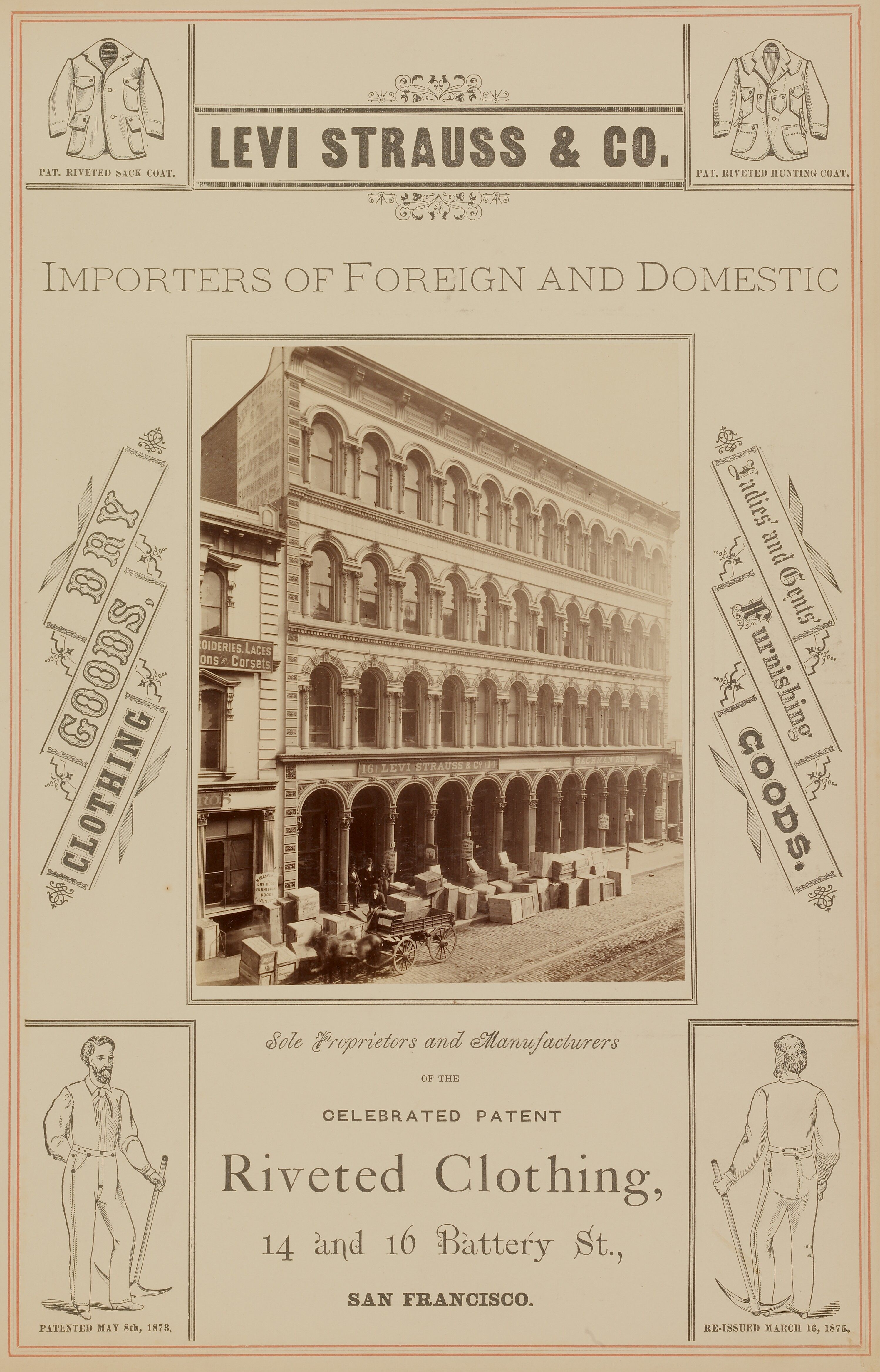 The image shows an old advertisement for Levi Strauss & Co. Importers of Foreign and Domestic,...