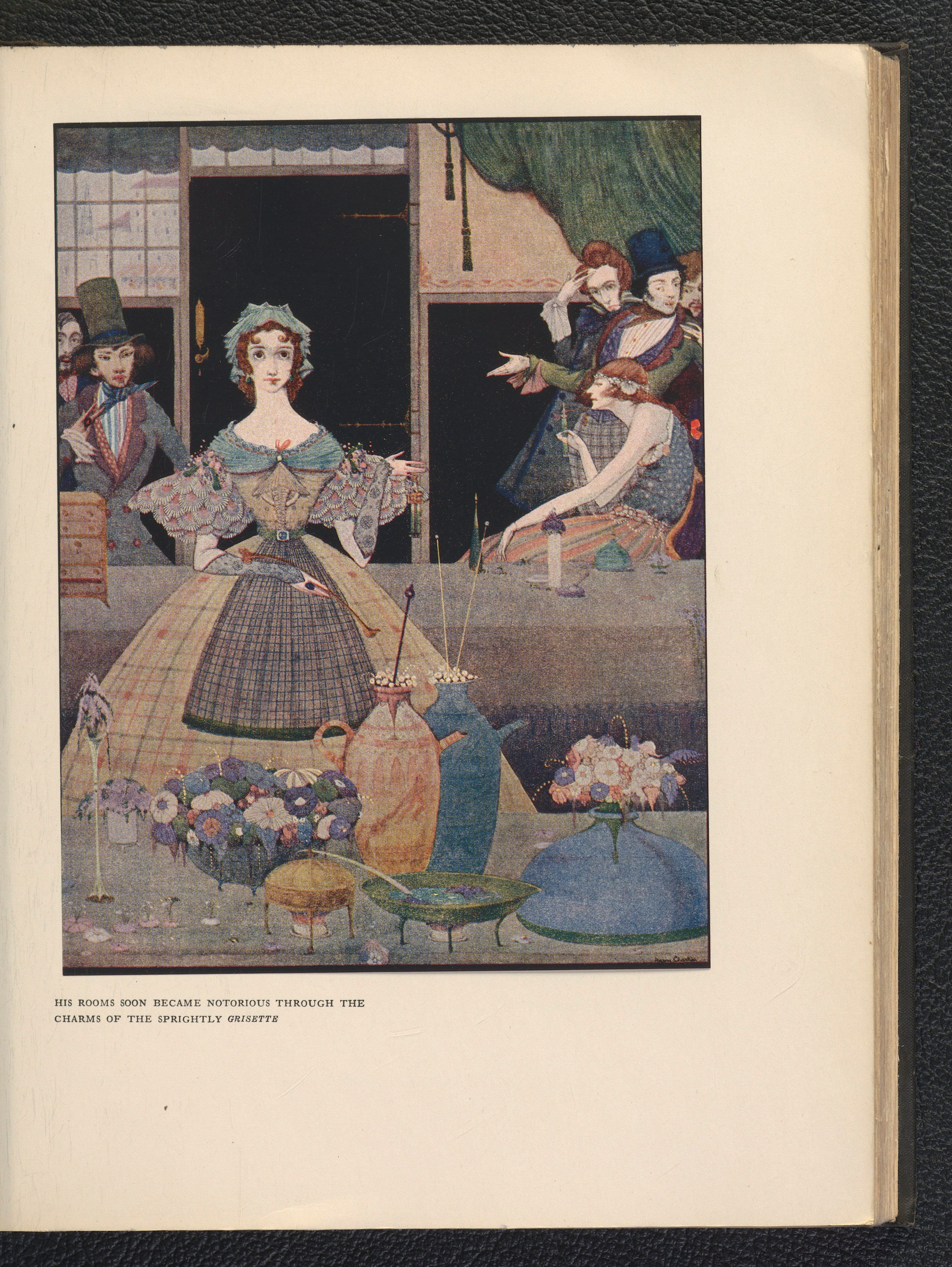 The image shows an open book with a painting of a woman in a dress and a man in a top hat,...