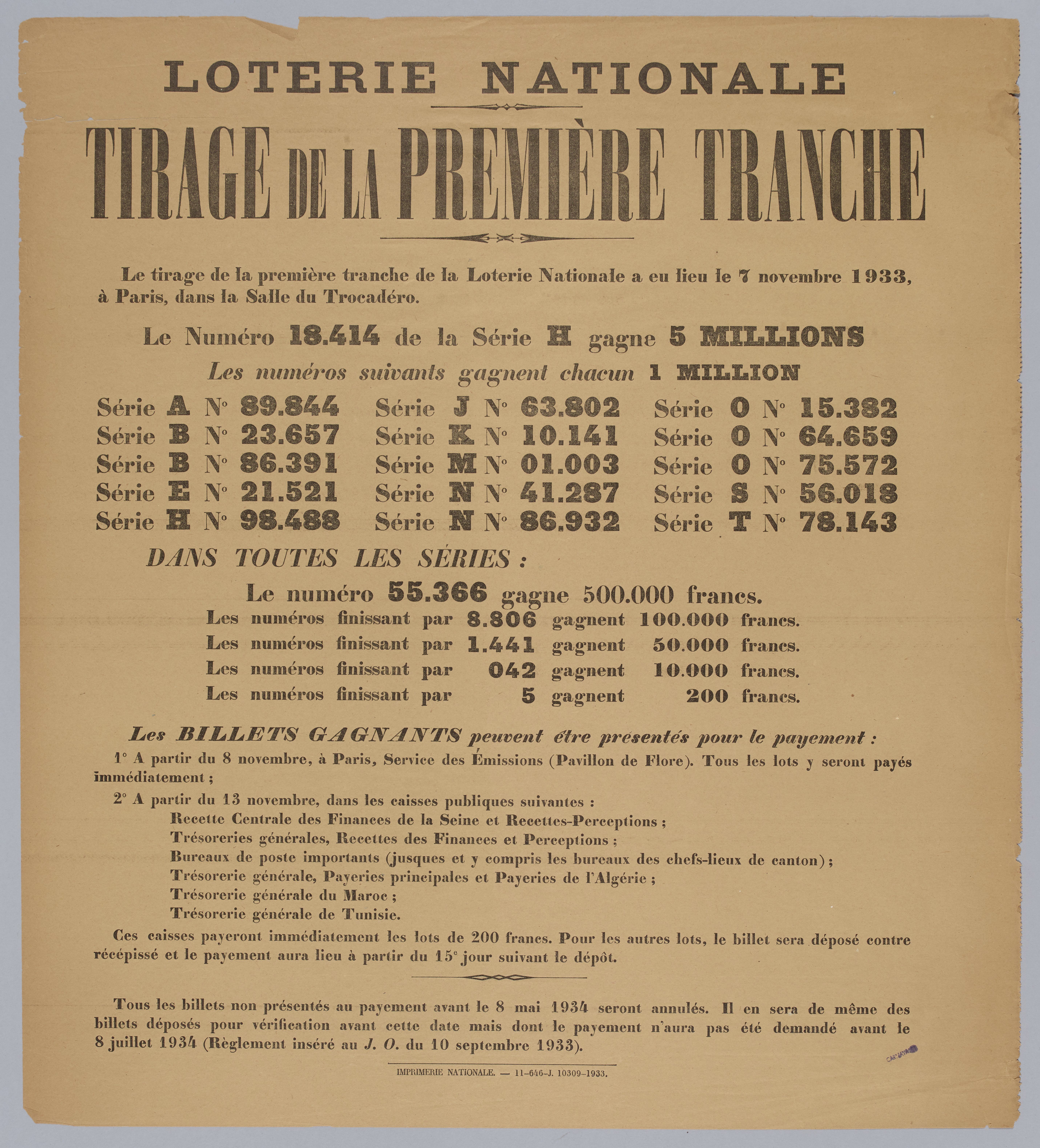 The image shows a paper with the text "Loterie Nationale Tirage de la Première Tranche" written on...