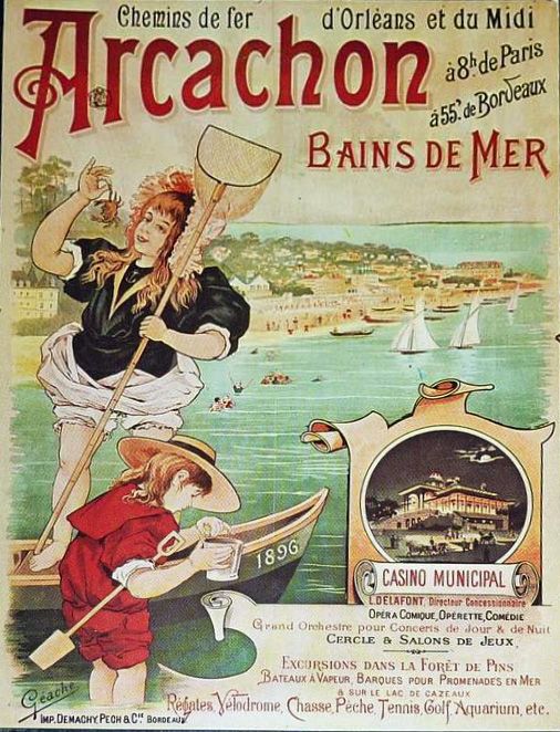 The image shows a poster advertising the Arcachon Bains de Mer Casino Municipal in Paris, France....