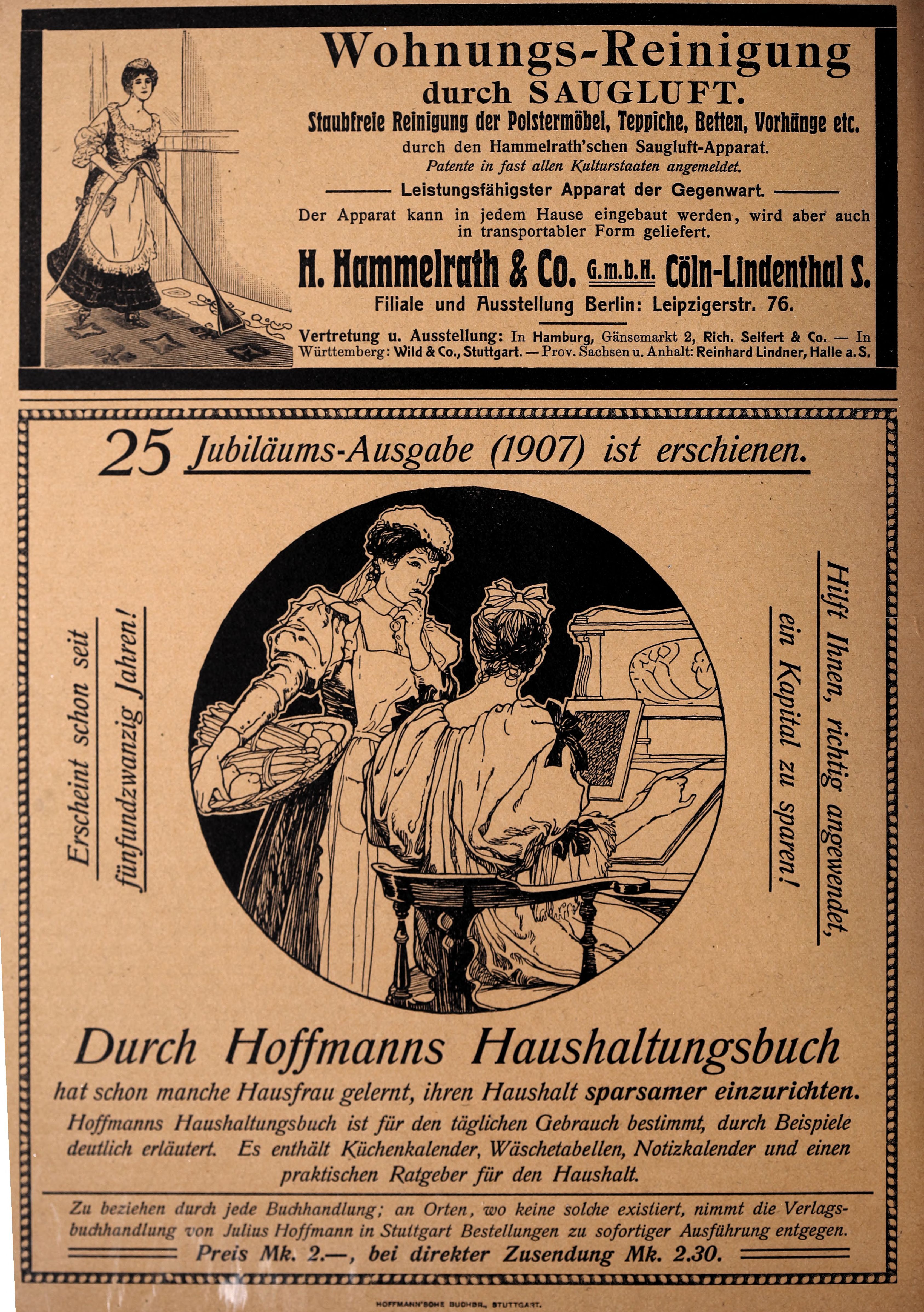 The image shows an old advertisement for a woman's clothing store with a picture of a man and a...