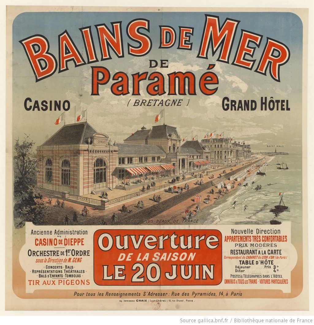 The image shows a poster advertising the Bains de Mer Casino and Grand Hotel in Bretagne, France....