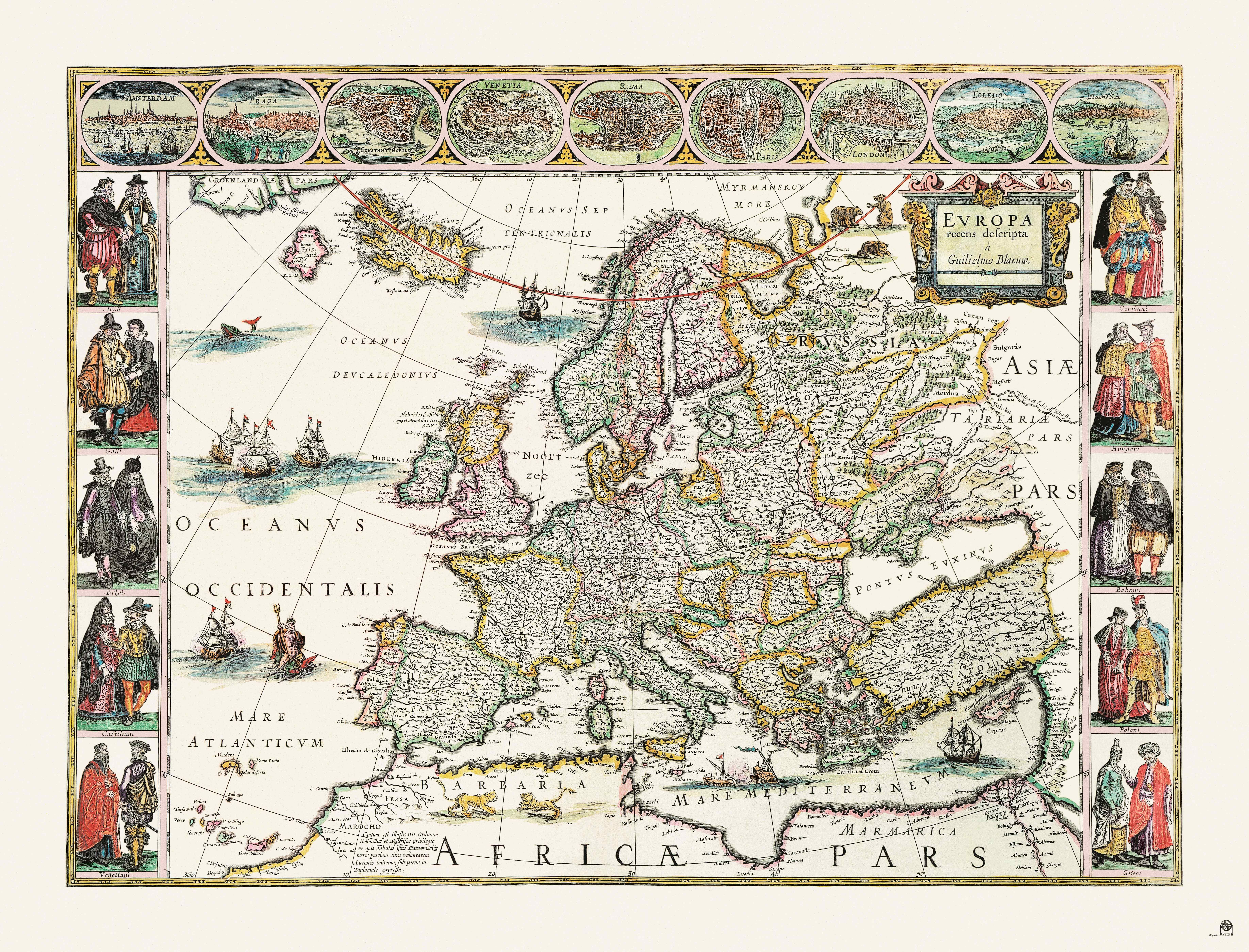 The image shows a poster of a map of Europe from the 16th century, with pictures of people and text...