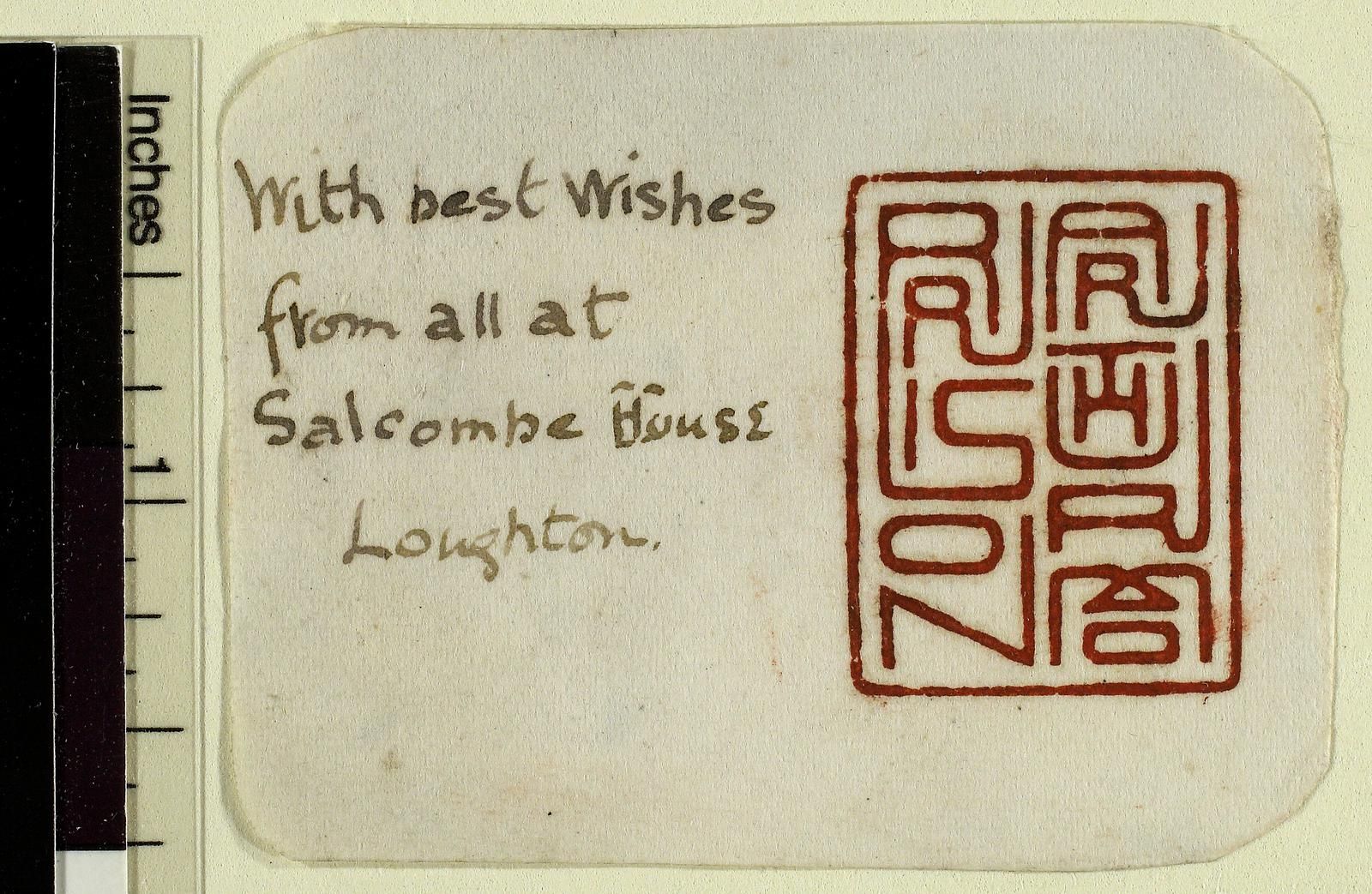 The image shows a piece of paper with a stamp on it that reads "with best wishes from all at...