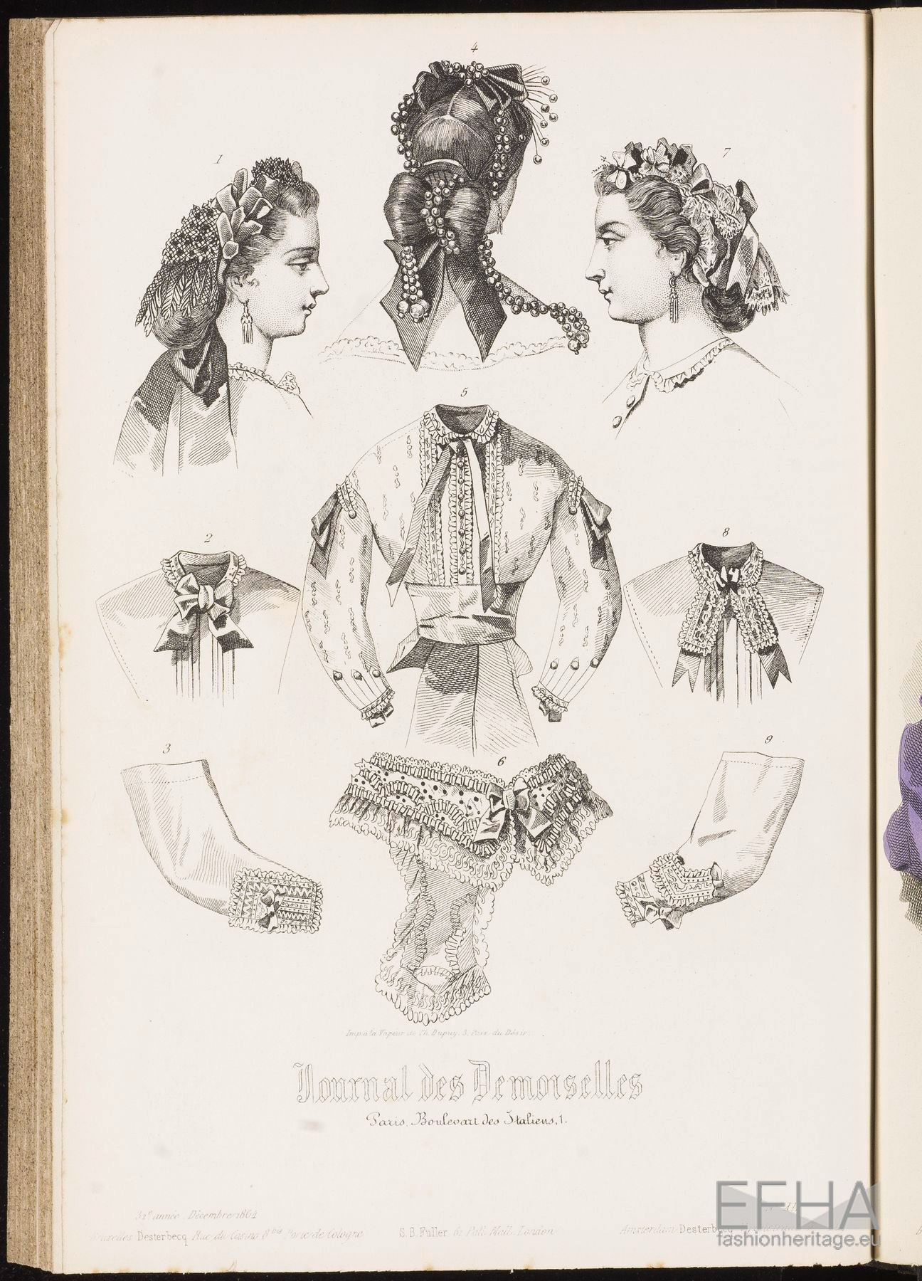 The image shows an open book with a drawing of three women wearing different types of dresses, each...