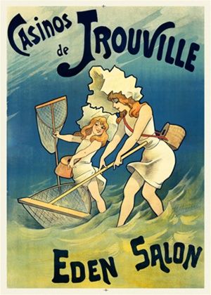 The image shows a poster advertising a casino in Trouville, France. It features two women in a...