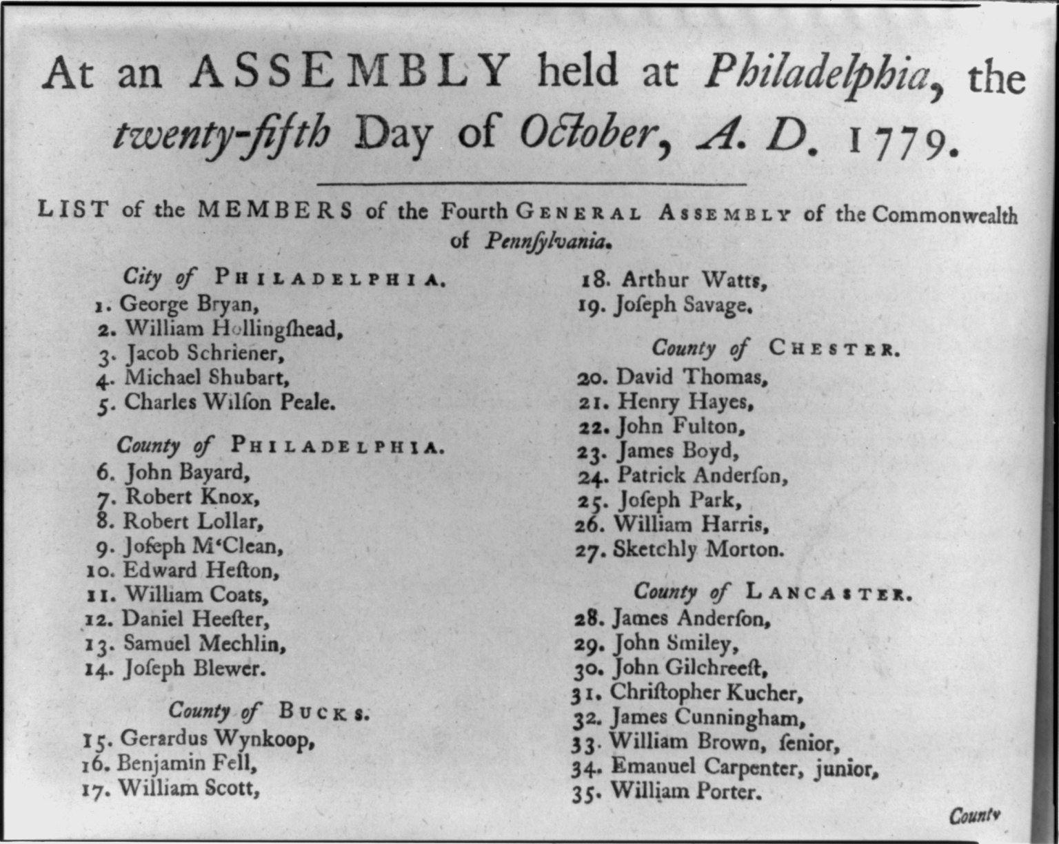 The image shows a paper with the text "At an Assembly Held at Philadelphia, the Twenty-Fifth Day of...