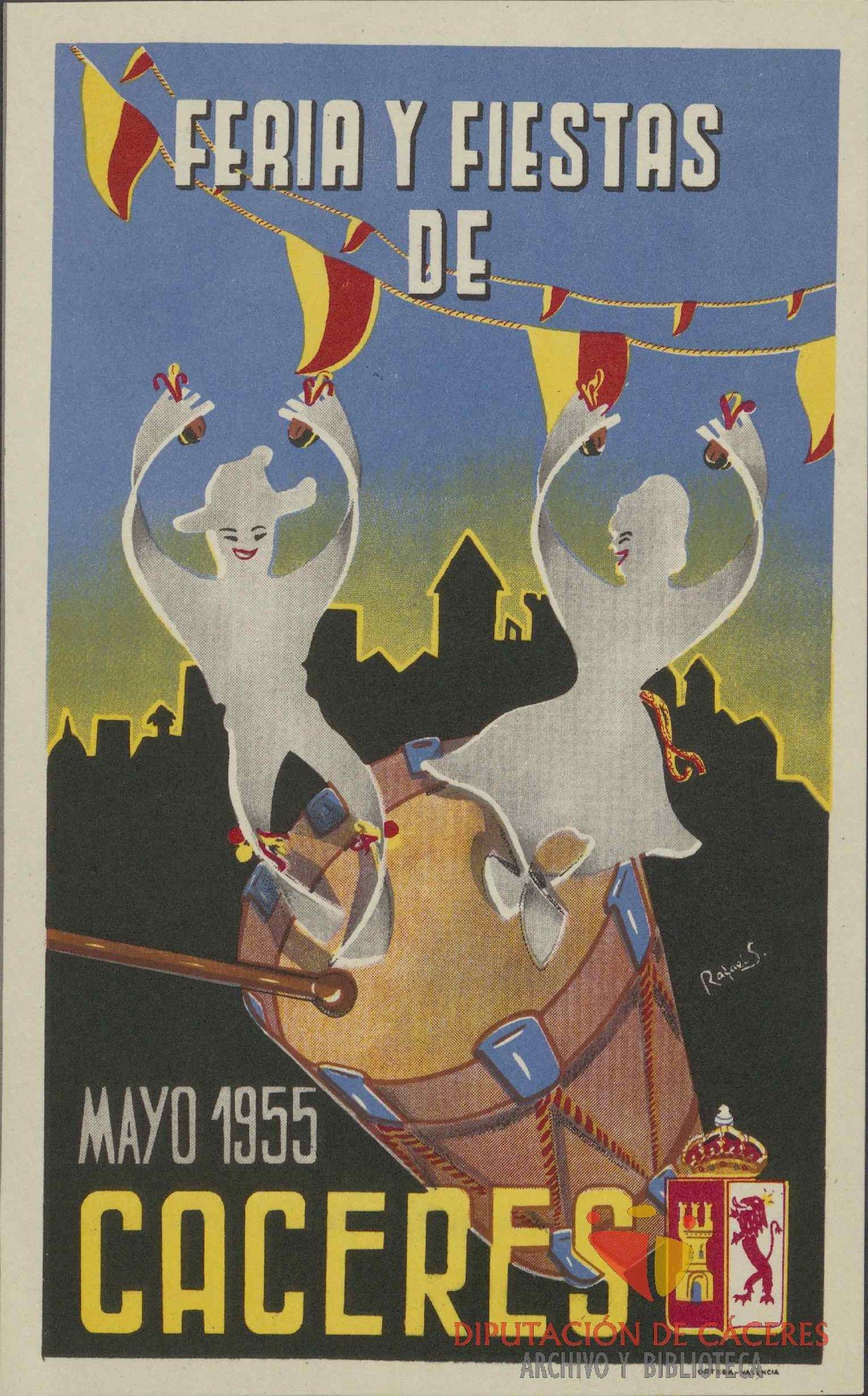 The image shows a poster advertising a carnival in Cacceres, Spain. It features a colorful...