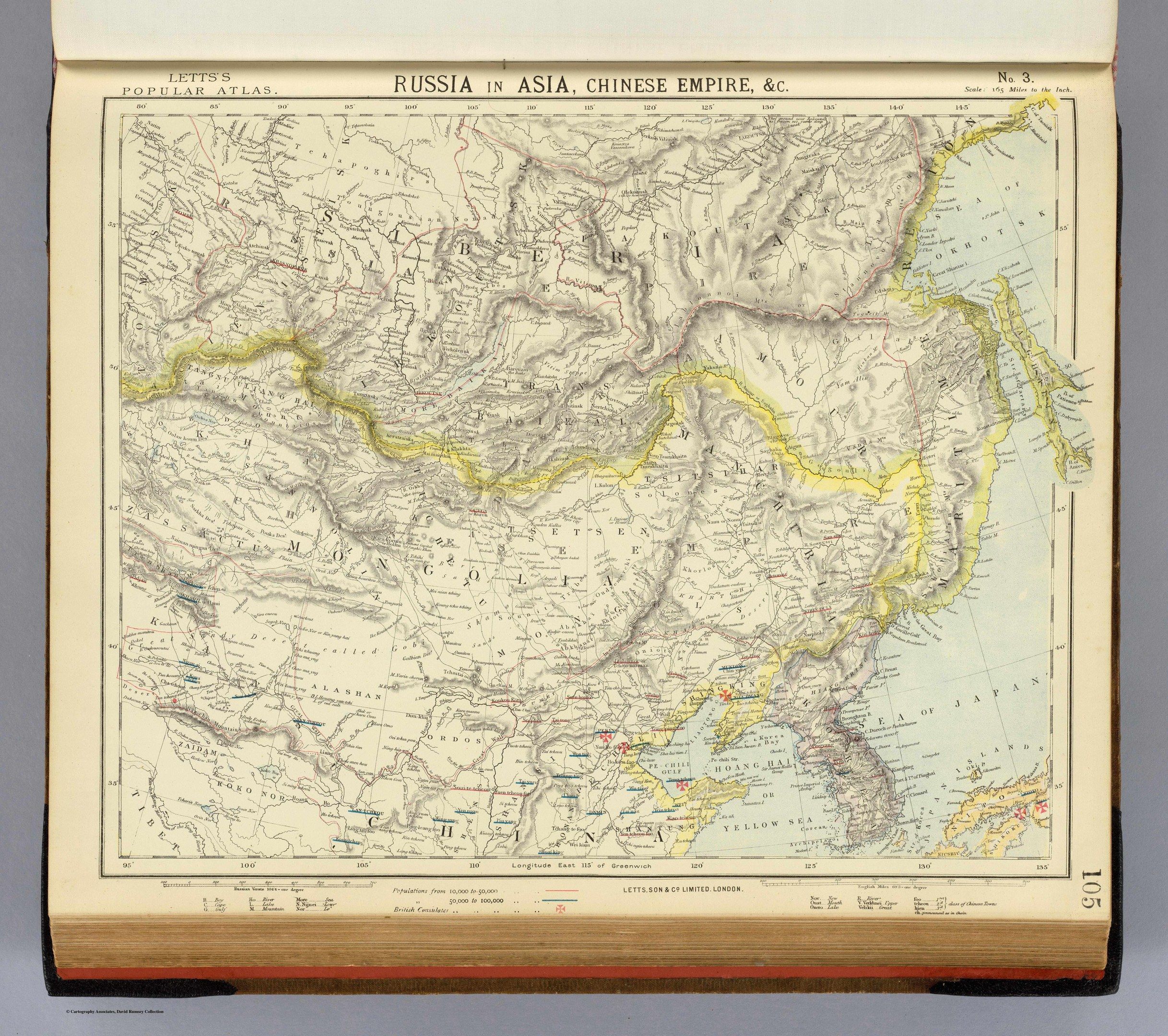 The image shows an old book with a map of Russia and China on it. The map is detailed and shows the...