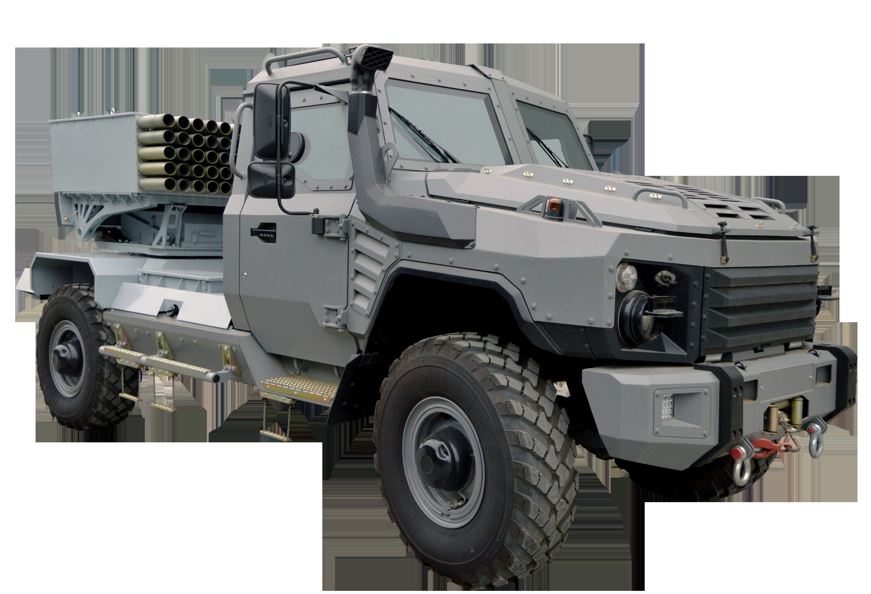 The image shows a military vehicle with a missile on top of it, set against a white background. The...