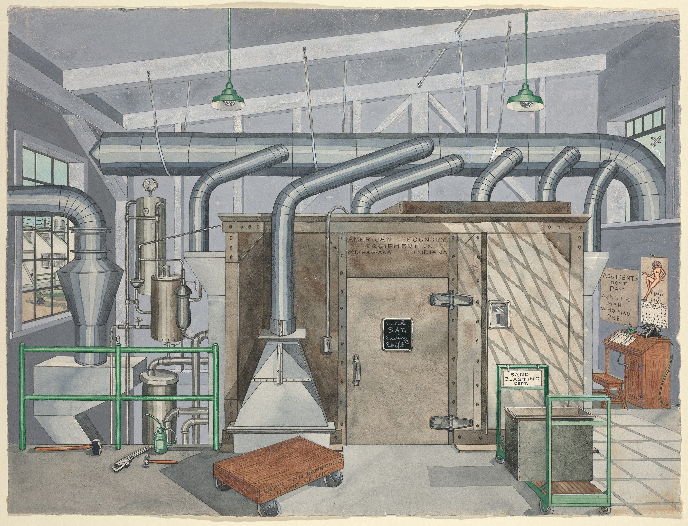 The image shows a drawing of a factory with a large machine in the middle of it, surrounded by...