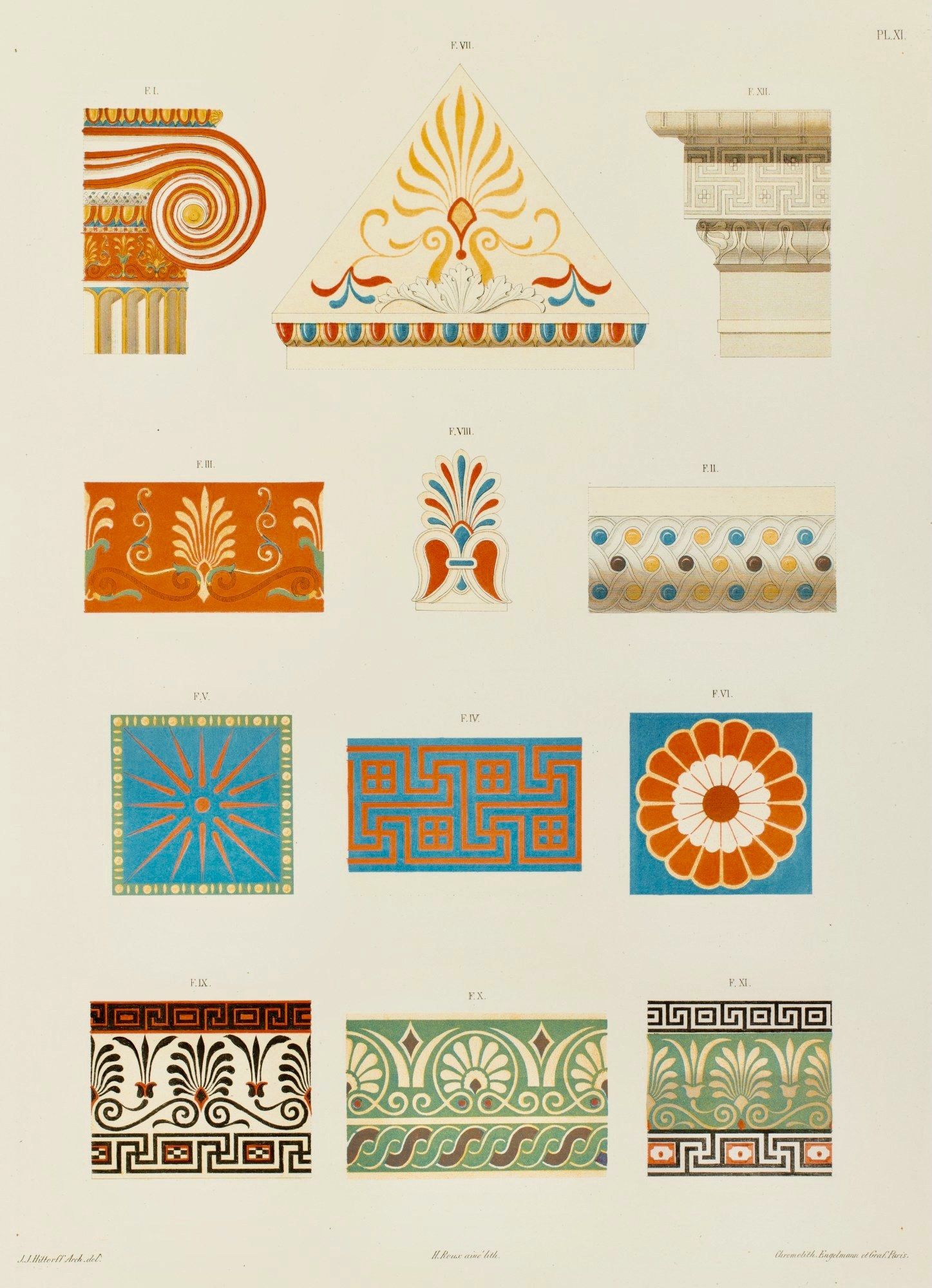 The image shows a page from a book with a variety of Greek ornaments, including intricate designs...