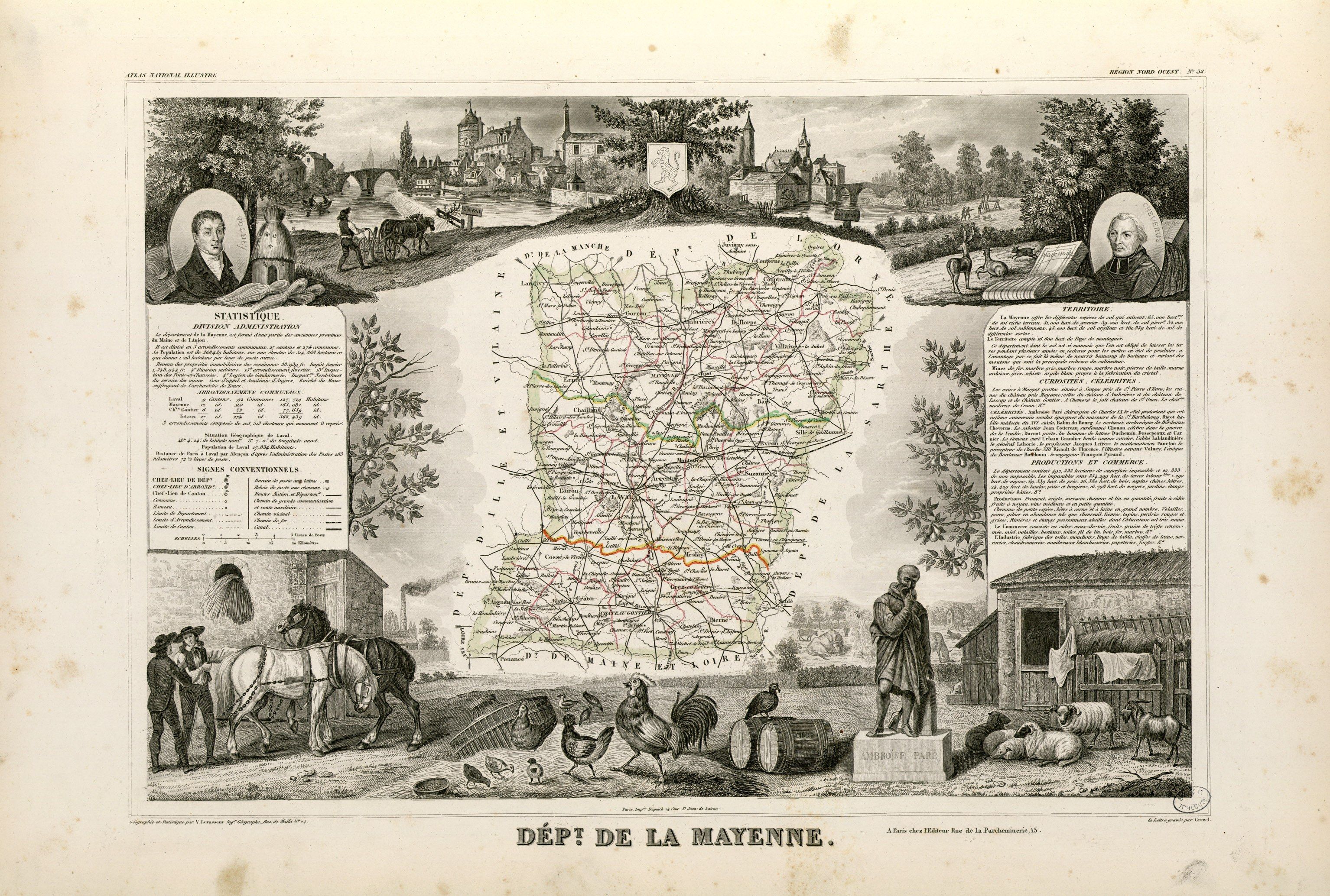 The image shows an old book with a map of France on it. The map is surrounded by pictures of...