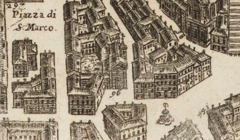 The image shows a drawing of a city with lots of buildings, each with its own unique architecture....