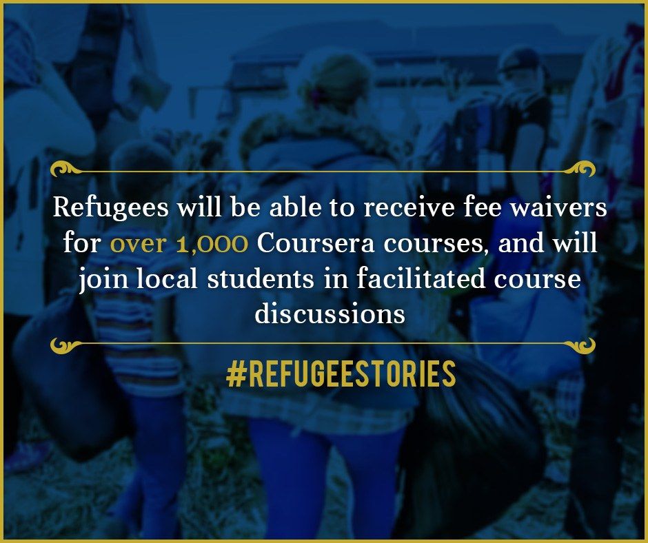 The image shows a poster with text that reads "Refugees will be able to receive fee waivers for...