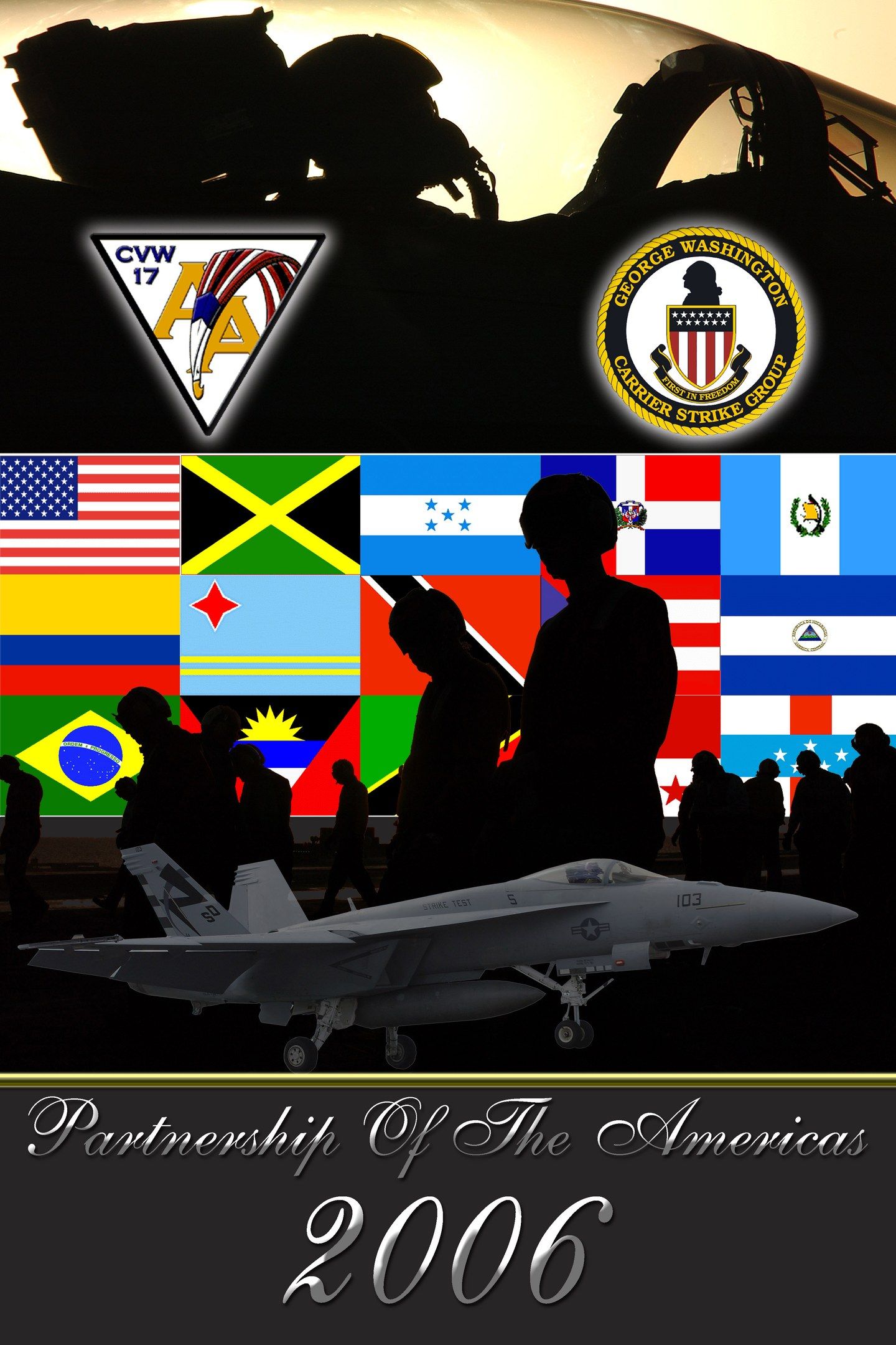 The image shows a poster with a fighter jet in the center, surrounded by a group of people and...