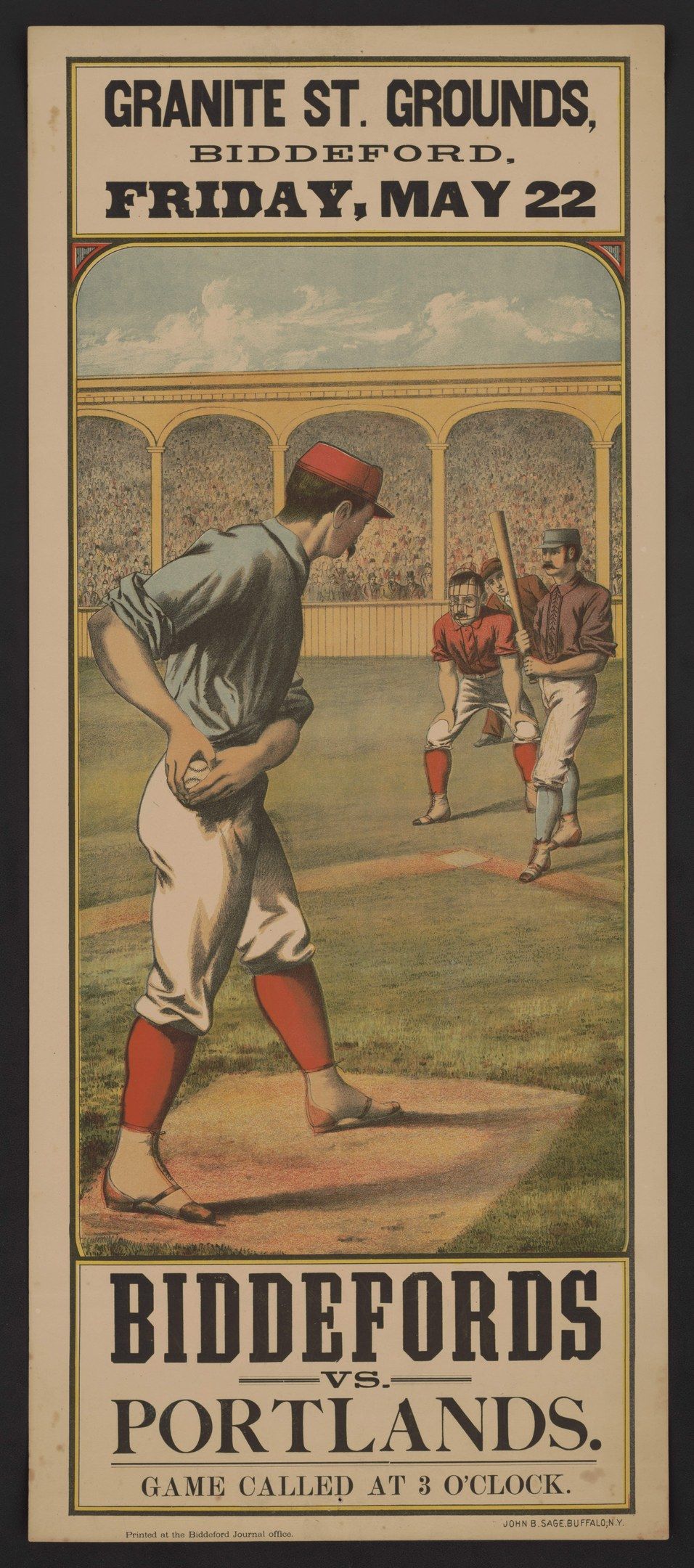The image shows a poster of a baseball game between Biddeford and Portland, with a man standing in...