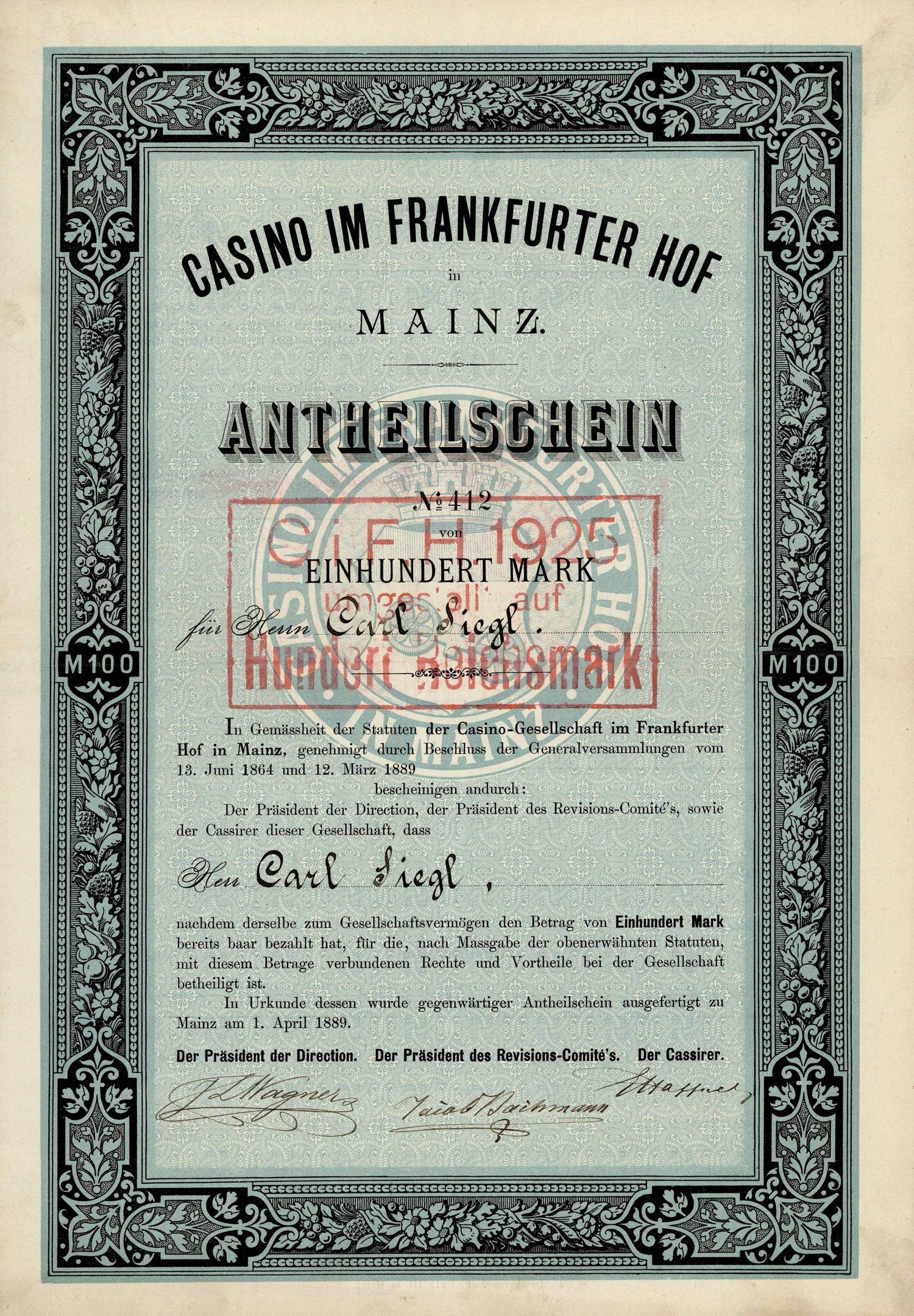 The image shows an old stock certificate with a black border and a red stamp on it. The text on the...