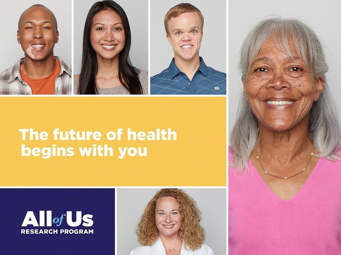 The image shows a collage of six people smiling, with the text "The future of health begins with...