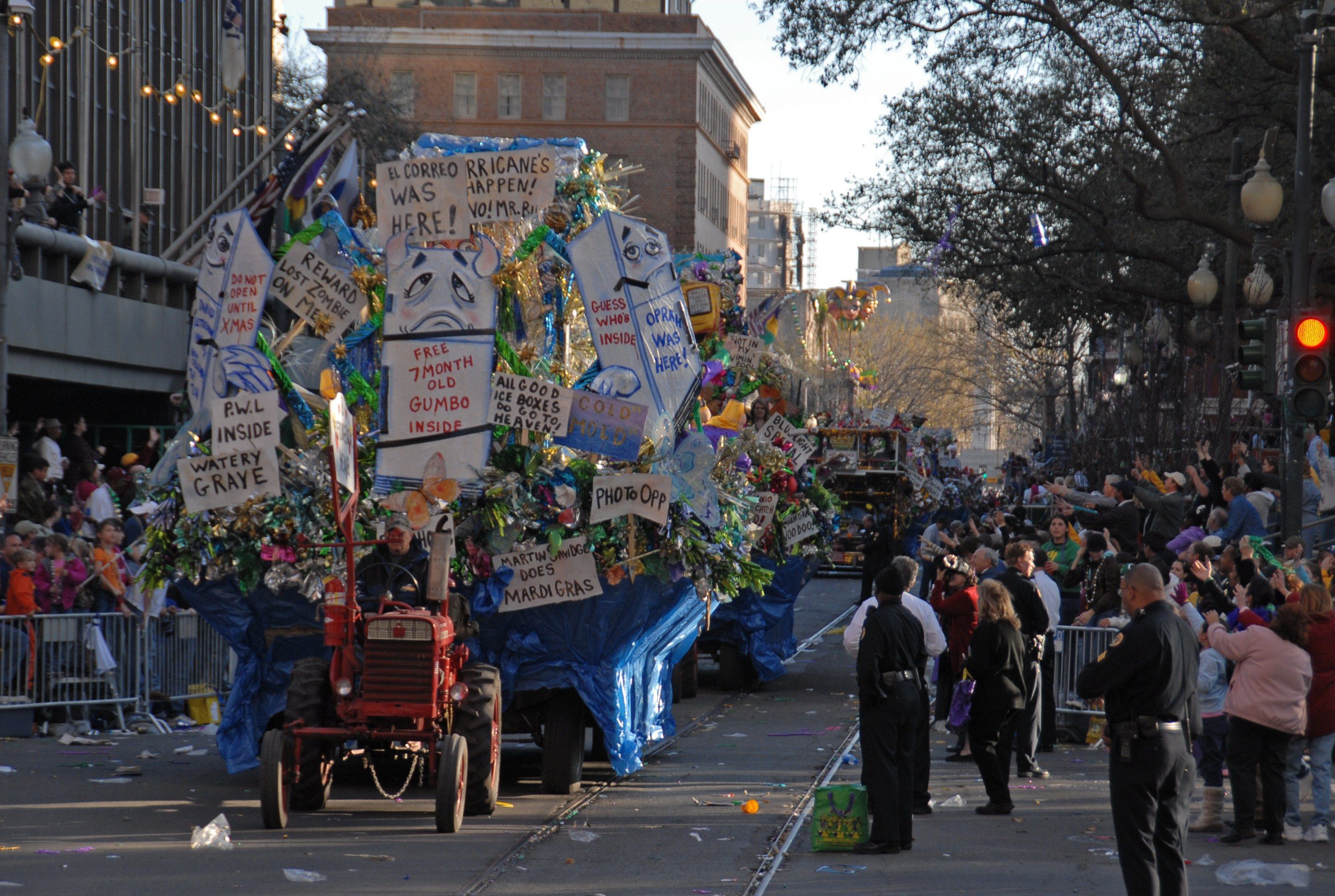 The image shows a parade float in the Mardi Gras parade in New Orleans, Louisiana. There are...